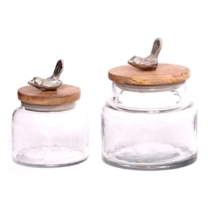 Glass Canister With Wooden Lid and Aluminum Bird