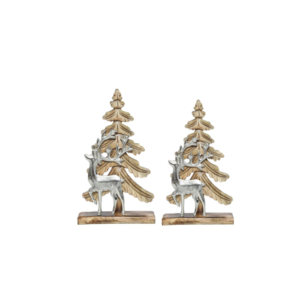 Aluminum reindeer on wooden tree